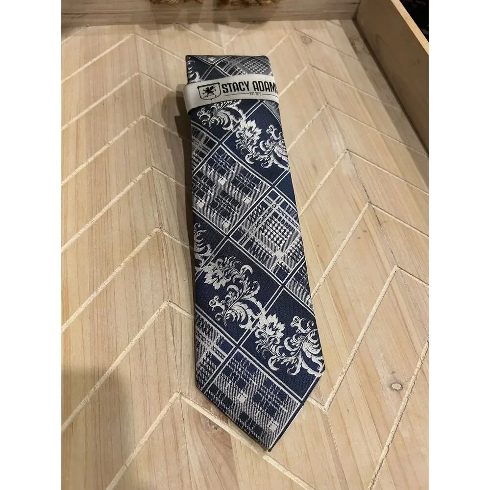NWT Stacy Adams Tie Navy Blue Silver Gray Plaid Floral Patchwork Formal Men